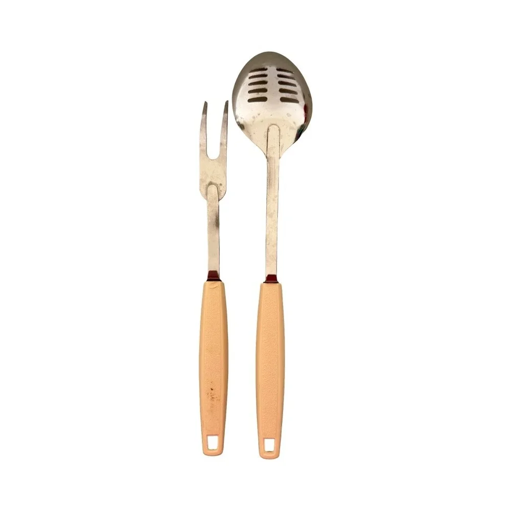 Vintage Ekco USA Slotted Spoon and Meat Fork Set Floral MCM Languages Handles